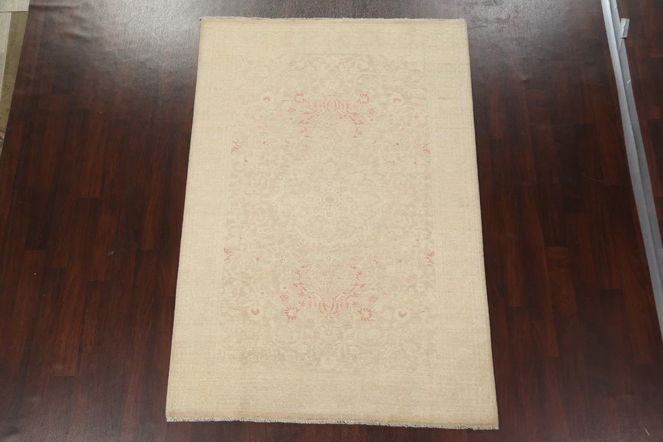 Vegetable Dye Peshawar Chobi Rug 6x8 Ft Handmade Beige Transitional Wool Carpet - Image 3 of 4