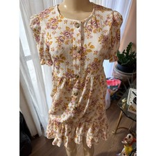 Floral Puff Sleeve Button Down Mini Dress Cream Pink Cottagecore Babydoll