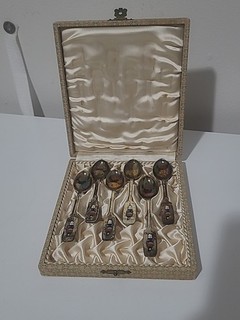 Set Of 6 Vintage Sterling Silver & Enamel Denmark Tea Spoons In Case