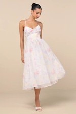 Lulus Claudina Pleated Lace-Up Midi Dress White Multi L