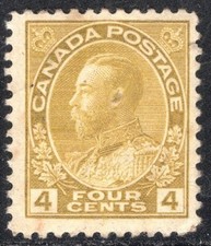 Canada Stamp Scott #110, 4c, King George V, Olive Bis, OG, MH, VF, SCV$55.00 (A)