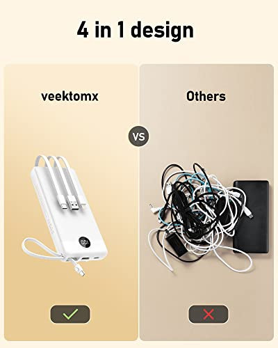 20000mAh Power Bank with Built-in Cables - Fast Charging for iPhone & USB-C Devices