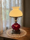 VTG Cranberry White Hobnail Milk Glass Bronze 23” Gone With Wind 3 Way Lamp