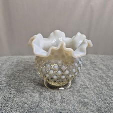 Vintage Fenton Glass White Opalescent Hobnail Ruffled Footed Bowl 5" x 4-1/4 t