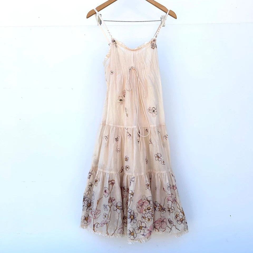 Rebecca Taylor Y2K Delicate Cotton Tiered Romantic Floral Midi Dress Cream 0 - Image 2 of 4