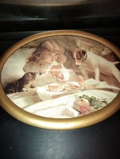 Collectible Oval Flue Cover 15x18 Gold Frame Child Dog Cat Scene Charles Barber