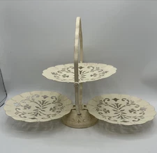 3 Tier Metal Folding Serving Tray Decorative Cutouts Cupcake Dessert Display Vtg