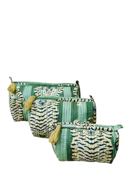Indian Green Tiger Cotton Quilted Toiletry Purse Cosmetic Storage Bag Of 3 Pc US