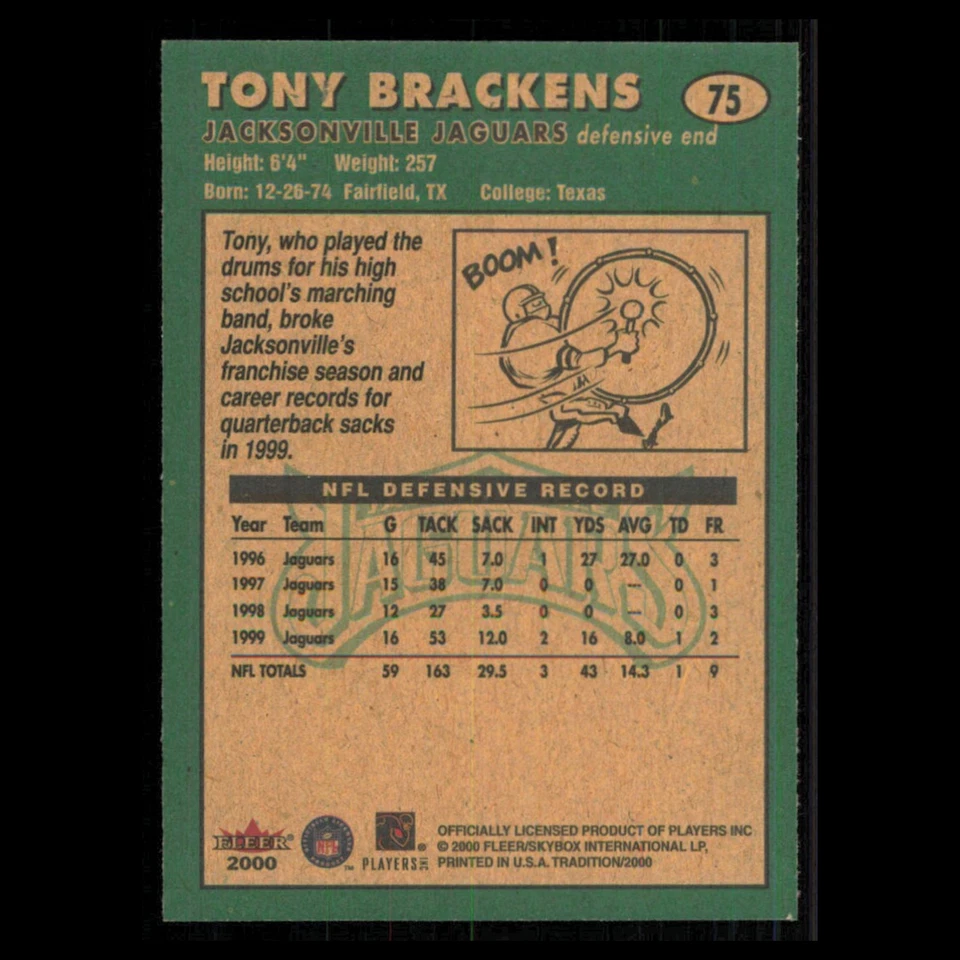 Tony Brackens #75 2000 Fleer Tradition Jacksonville Jaguars Football Card NFL NM - Image 2 of 3