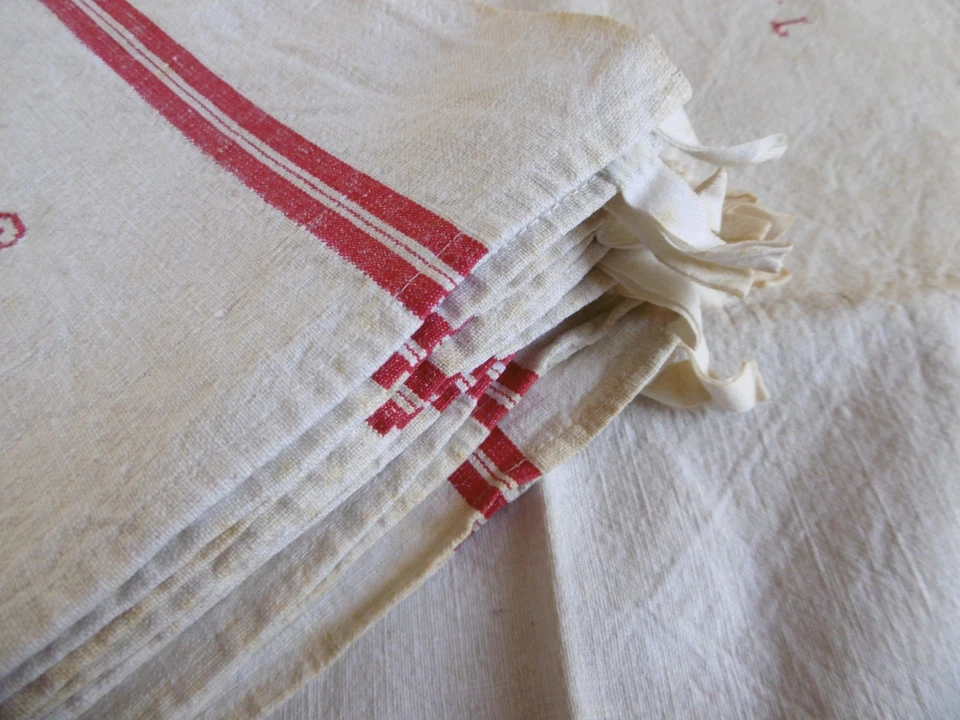 8 torchons  lin à liteaux rouges chiffrés G.L. - Photo 3/4
