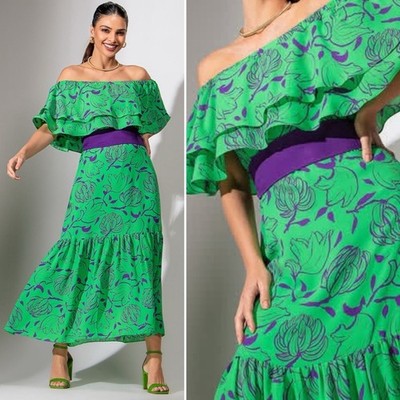 Padronagem green purple floral shift dress (belt missing)