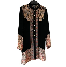 CITRON SANTA MONICA Size Large Black Velvet Floral Button-Up Long Tunic Duster