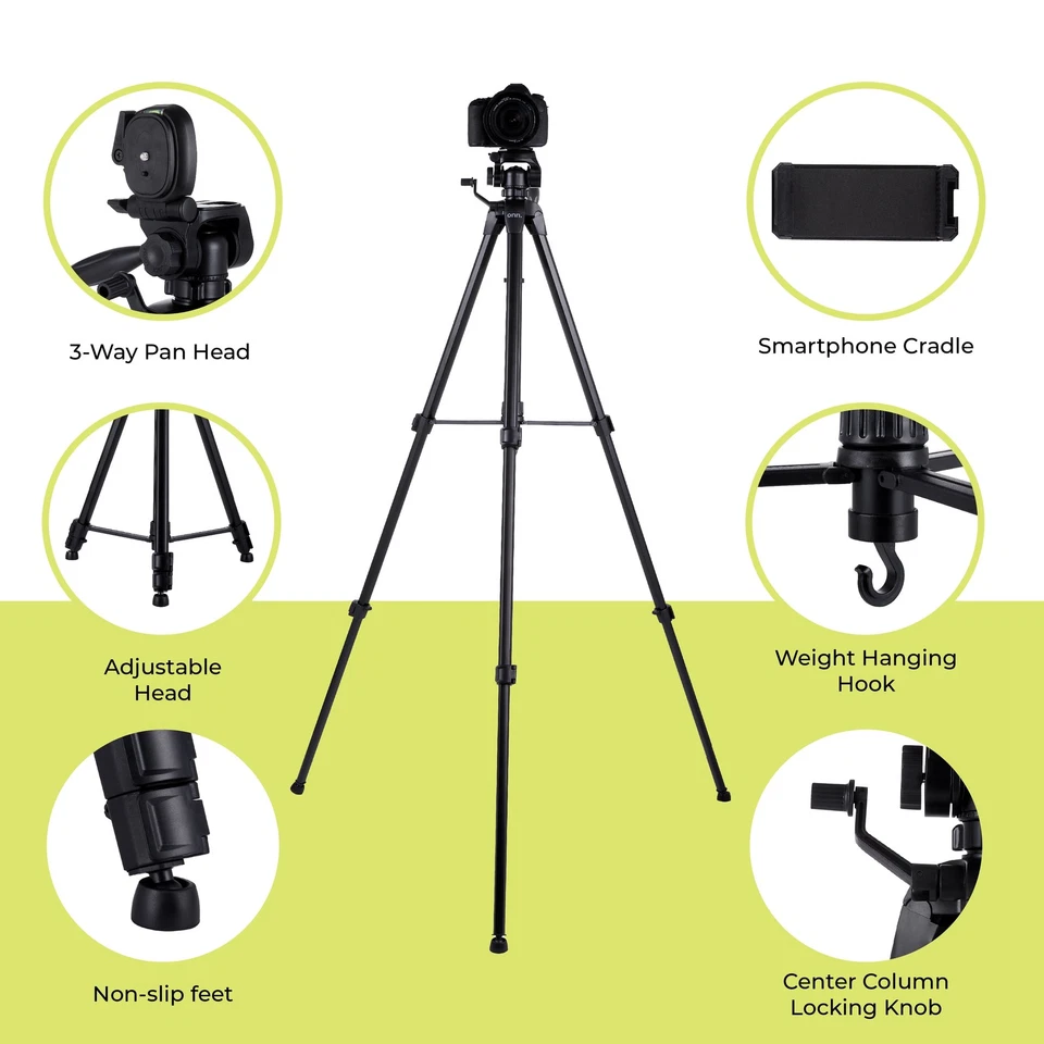 onn 67-inch Tripod with Smartphone Cradle for DSLR Cameras, Smartphones  - Image 2 of 4