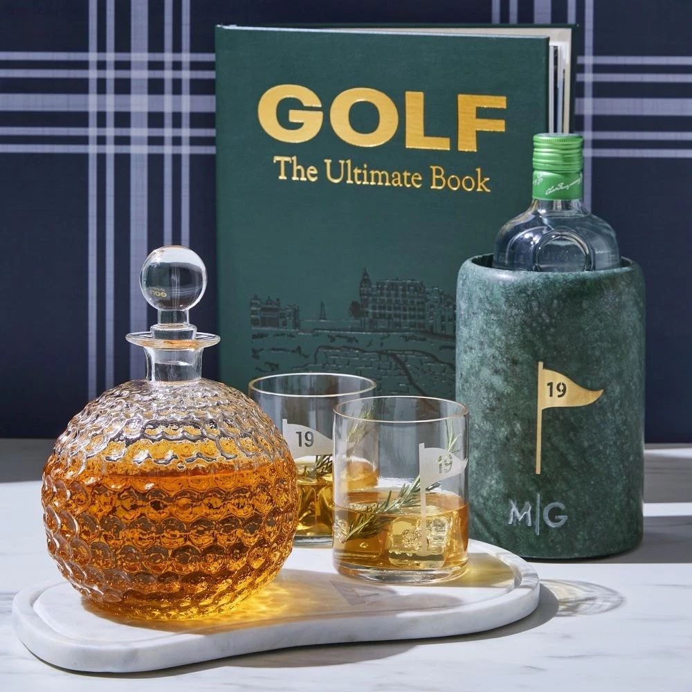 Mark & Graham Golf Ball Whiskey Decanter Glasses Tray