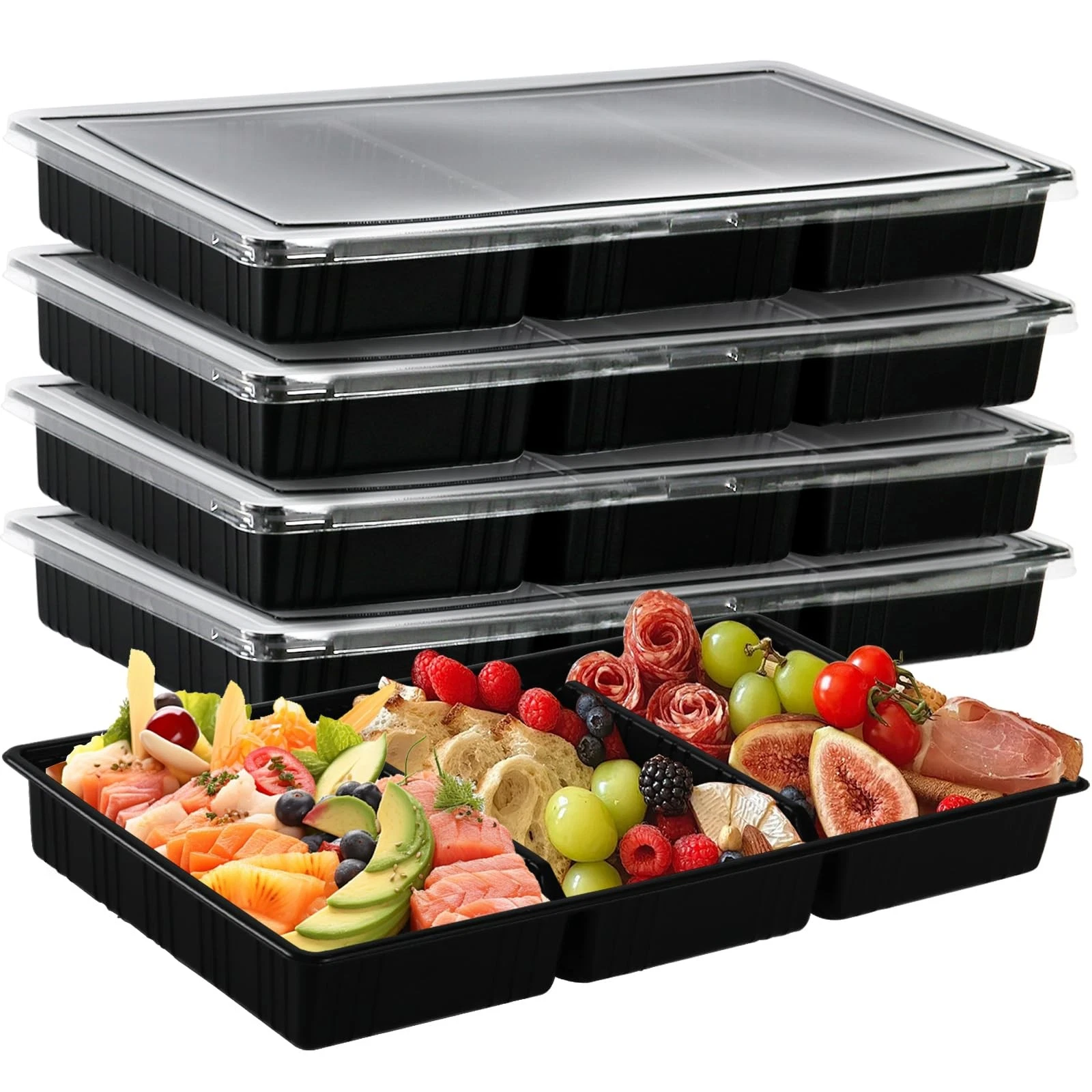 5 Pack Extra Large Divided Catering Trays with Lids 14 x 7.7 Black and Clear