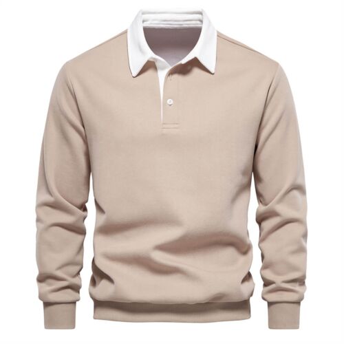 Men's Colorblock Polo Collar Long Sleeve Button Front Pullover Sweatshirt Slim - Picture 22 of 30