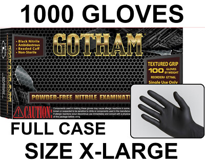 GOTHAM Black Nitrile Exam Gloves, Powder Free, Case of 1000 Size X-LARGE