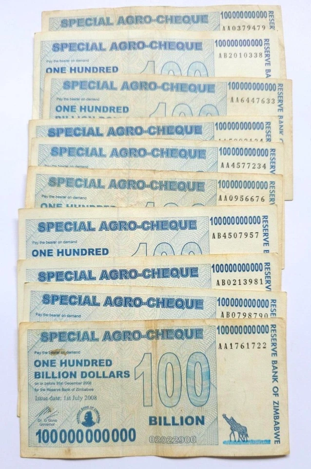 Billetes de dólar de 10 X 100 mil millones especiales de cheque agrícola de Zimbabue. usado. Foto 2 de 4