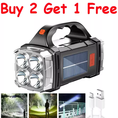 Solar Power LED Flashlight COB Work Light Torch Camping Lamp USB Rechargeable US