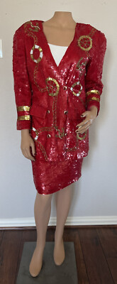 MODI Red Silk Sequin Beaded Double Breasted Nautical Anchor Jacket Skirt Set 6-8