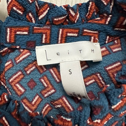 Leith Geometric Pattern Smocked Ruffle Detail High Neck Blouse Top Blue Small - Picture 3 of 9