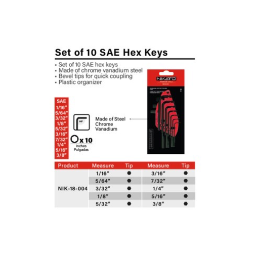 Set of 10 SAE Hex Keys 1.5mm - 10.0mm, Chrome Vanadium Steel, Plastic Organizer. - Picture 4 of 4