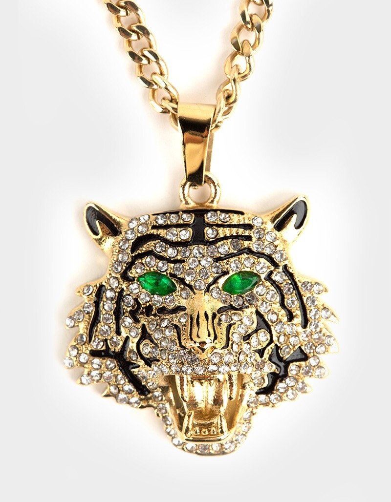NIB Ed Hardy Tiger Head Crystal Pave Gold Tone Necklace Chain
