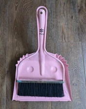 Vintage Dulton Large Pink Metal Dust Pan & Hand Broom Set Smiley Face OOAK