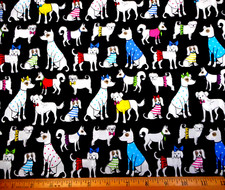 Dog Fabric By Half-Yard Fashion Puppy Dogs in Party Clothes Black Premium Cotton