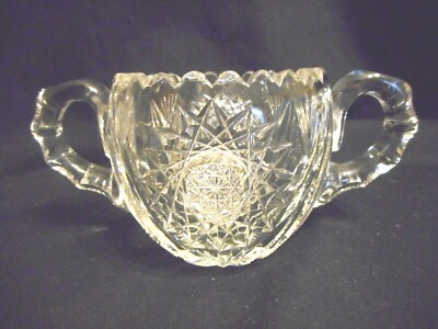 Vintage Heavy Stunning Cut Glass Sugar Bowl Double Handles Star Pattern 