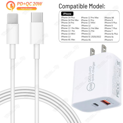For iPhone 12/13/14 Pro 20W USB-C Fast Charger PD Charger Adapter PD Cable Cord