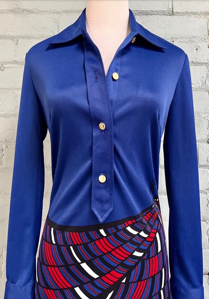 Vestido Camisa Midi Vintage Años 70 Roberta Di Camerino Azul Trampantojo L’oeil / Pequeño Foto 3 de 4