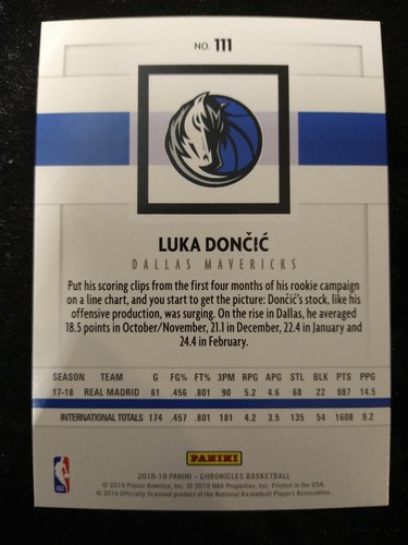 2018-19 Panini Chronicles Panini #111 Luka Doncic novato radiocontrol - Imagen 2 de 2