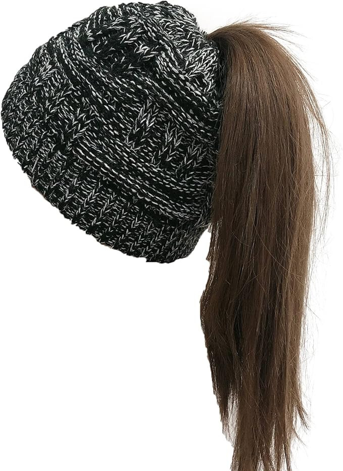 Soft Stretch Cable Knit Ponytail Beanie Hat for Messy Bun-image