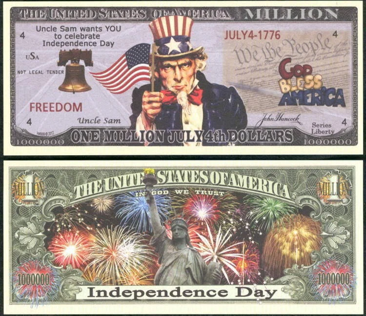 Independence Day Uncle Sam Million Dollar Funny Money Novelty Note + FREE SLEEVE