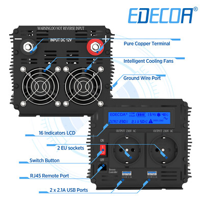EDECOA 1500W 2000W Onde Sinusoïdale Pure 12V Vers 220V 230V Onduleur Hors Réseau Convertisseur De Voiture Télécommande Compatible Bluetooth - Foto 10
