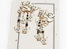 Vintage Lunch at the Ritz Long White Enamel Crystal Tassel Cats Earrings 