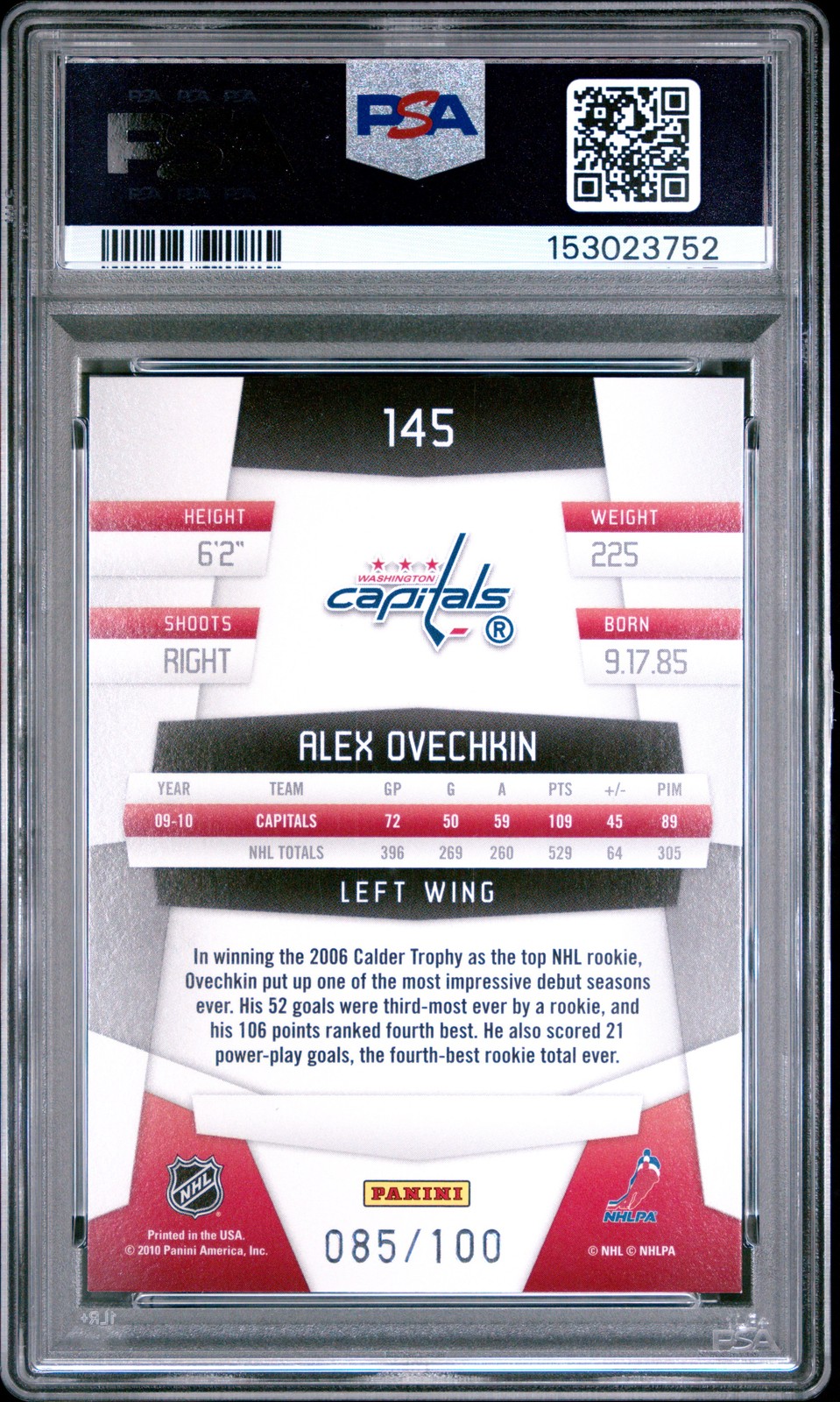 2010 PANINI CERTIFIED MIRROR BLUE #145 ALEX OVECHKIN 85/100 PSA 9 view 2
