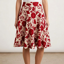 Vintage Y2K GAP 100 Linen Floral A-Line Skirt Red Ivory Garden Party Size 8