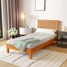 Twin Wood Platform Bed Frame with Headboard Solid Wood Slats Easy Assembly Brown
