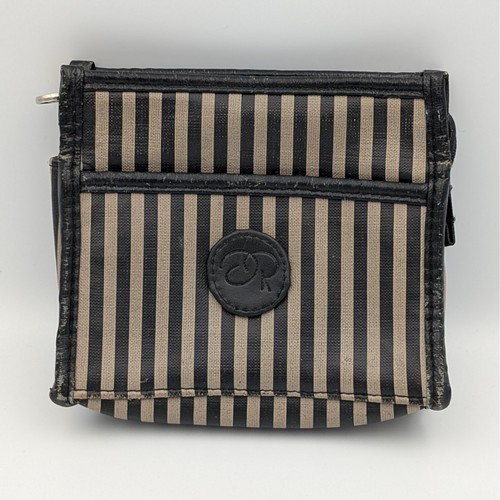 Oscar de la Renta Vintage Striped Travel Pouch Black Tan Small Toiletry Bag