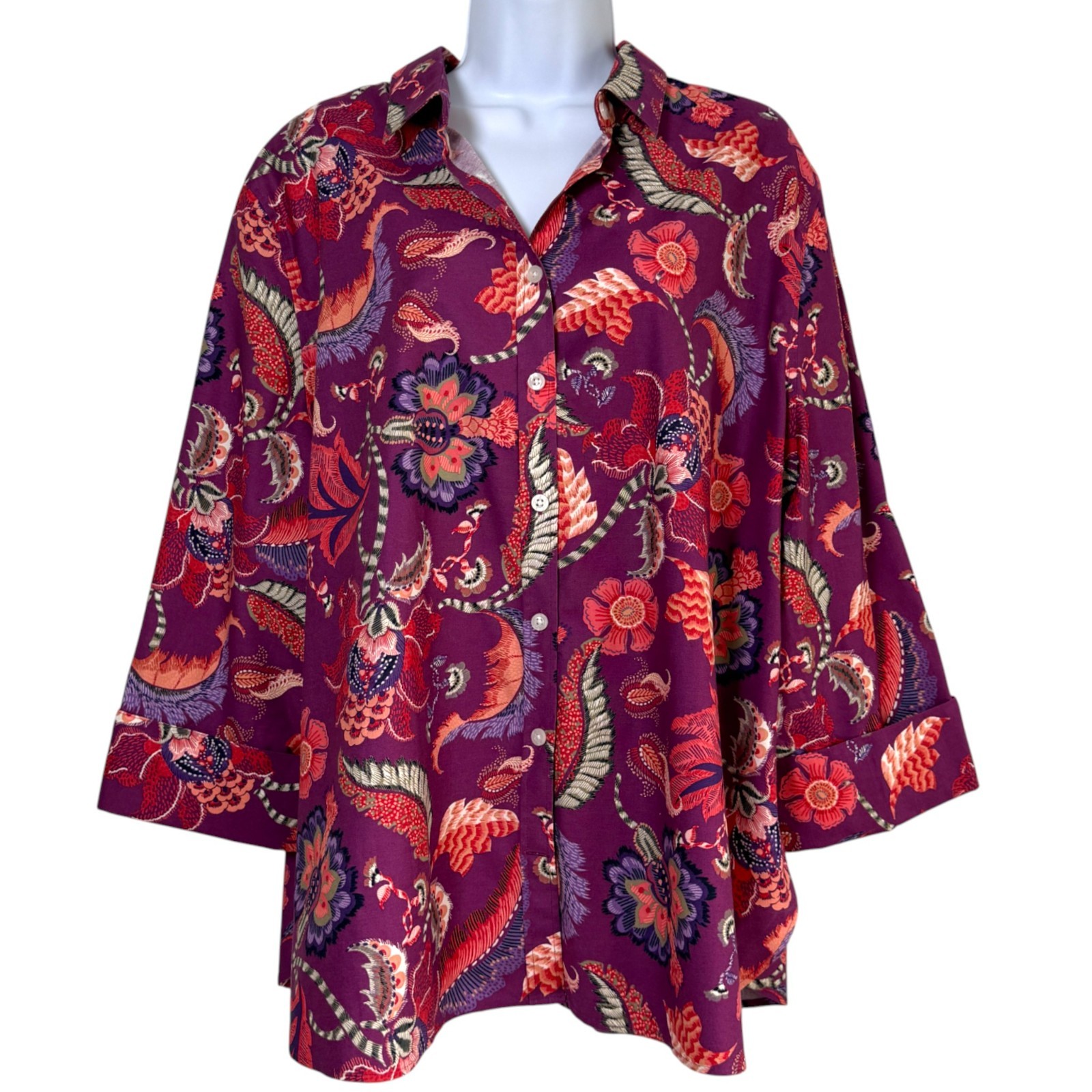 Chicos Colorful No Iron Stretch Paisley Button Up Top 3/4 Sleeve Size 20 NWT