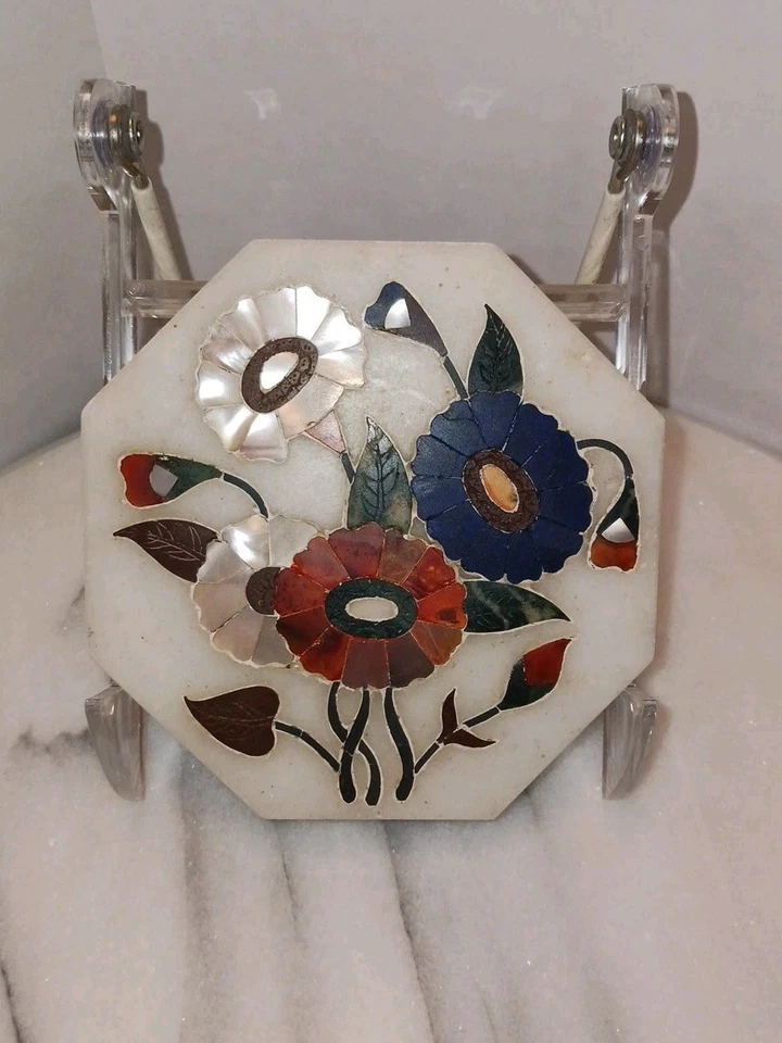 Arte con incrustaciones de mármol Parchinkari hecho a mano 4′′ mosaico floral decoración del hogar arte  Foto 4 de 4