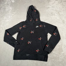 Nike Hoodie Youth Large Black AOP Spell Out Swoosh Pullover Sweatshirt Sweater