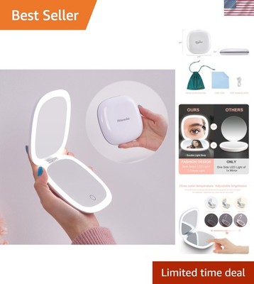 Portable Dimmable LED Travel Makeup Mirror - 1X/10X Magnification, Touch Control