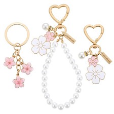 3Pcs Cute Pearl Keychain for , Flower and Imitation Pearl Key Chain Set, Pink...