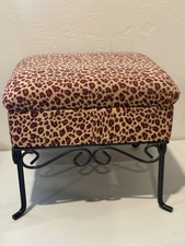 Vintage Leopard Velvet Foot Stool Ottoman with Wrough Iron Legs 11"