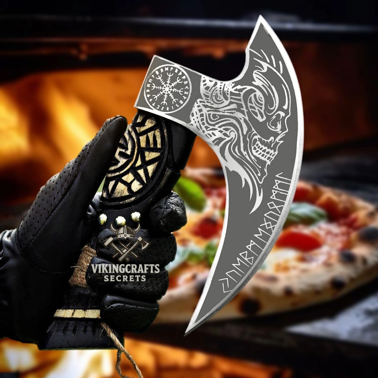Viking Pizza Cutter with Rosewood Handle Carbon Steel Axe & Leather Sheath