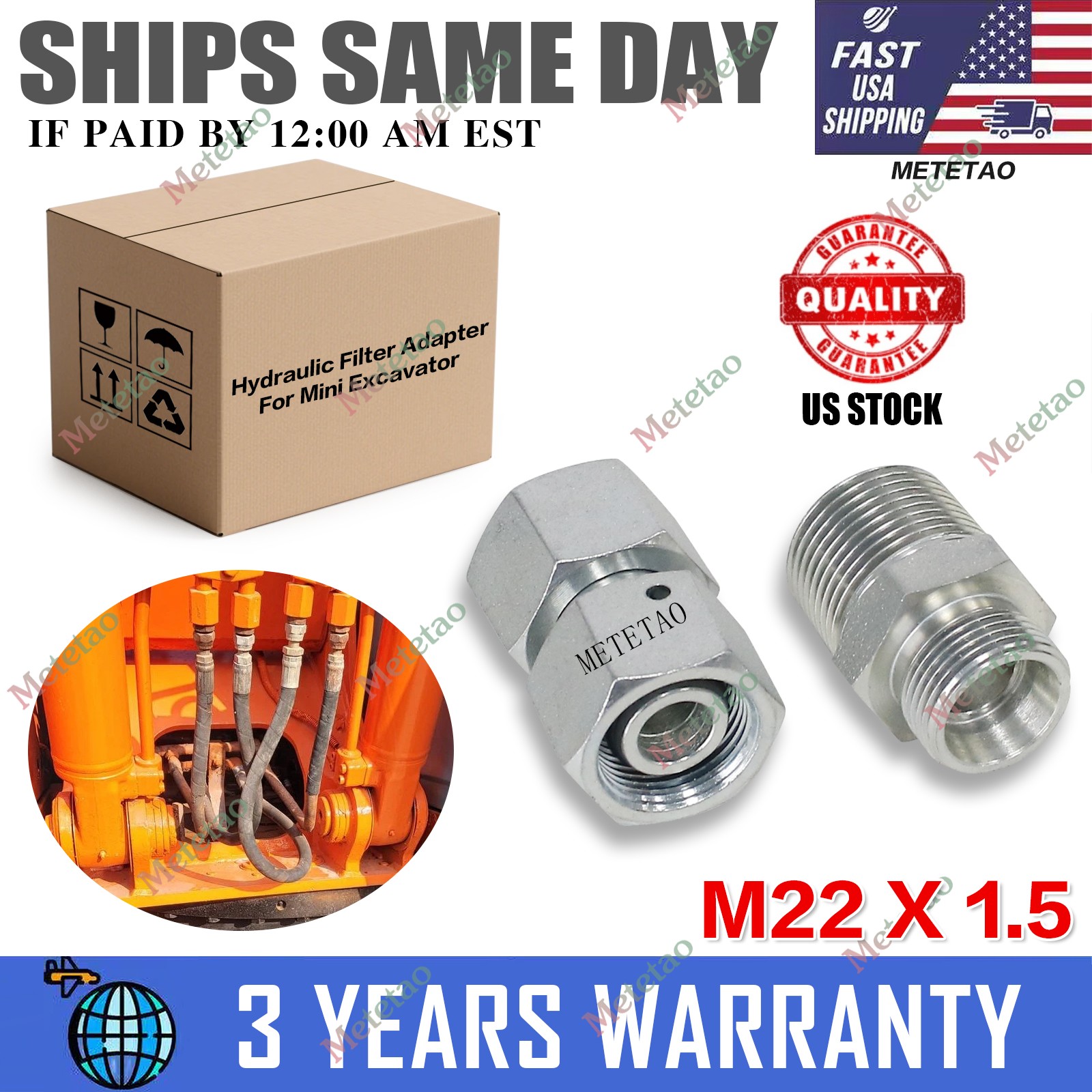 For Mini Excavator M22 x 1.5 & M22 to 3/4 BSPT Hydraulic Filter Adapter Kit NEW