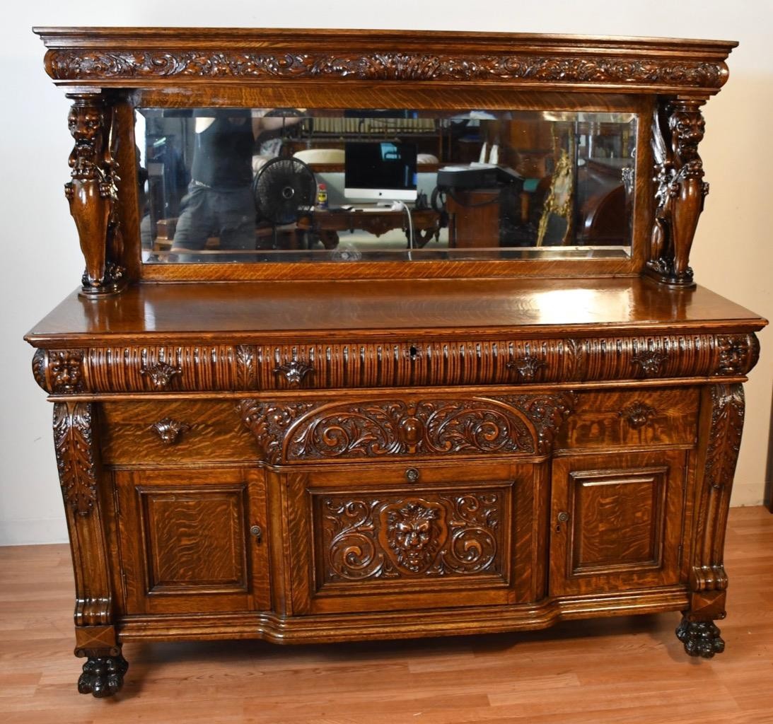 Roberts MORPH 中古美品6,6-47.5L 1890s Antique RJ Horner Tiger Oak carved winged Griffin Server